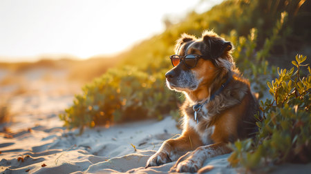Dog wearing sunglasses on the beach at sunset. Travel and vacation concept.の素材