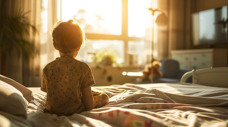 Adorable little boy sitting on bed at home and looking at windowの素材