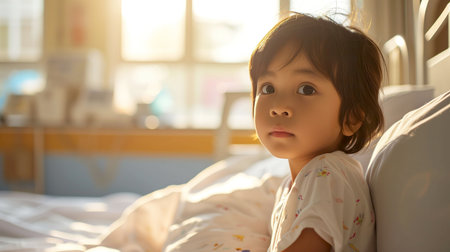 Portrait of asian little girl lying on bed at home.の素材