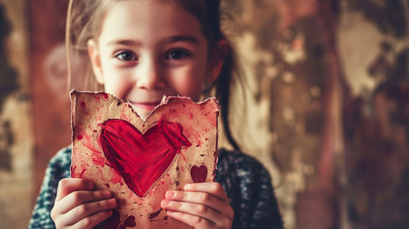 Portrait of cute little girl holding paper with red heart. Valentine's day concept.の素材