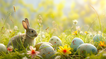 Easter bunny and easter eggs in green grass with flowers.の素材