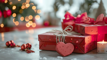 Christmas gift boxes and red heart on wooden table with bokeh backgroundの素材