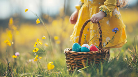 Cute little girl with basket of easter eggs in the meadowの素材