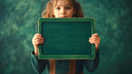 Little schoolgirl holding green chalkboard. Back to school concept.の素材