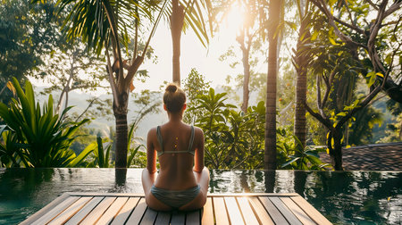 Woman sitting on the edge of the swimming pool and looking at the sunsetの素材