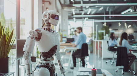 young business people and robot working in modern office, artificial intelligence conceptの素材