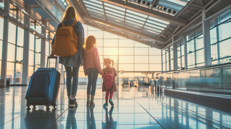 Back view of mother and little daughter with suitcases in airport terminalの素材