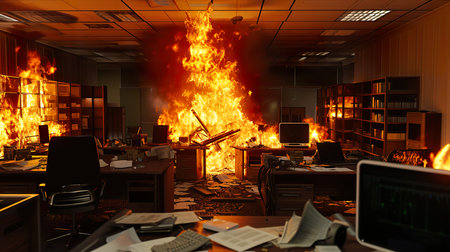 Burning office. Fire in the office. 3D rendering.の素材