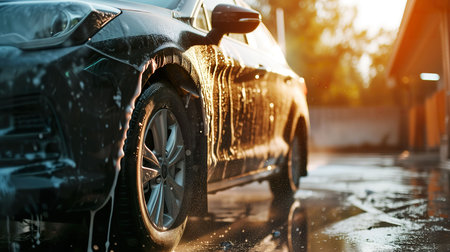 Car wash. Washing black car with soap and water in the car wash.の素材