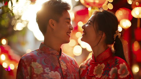 Happy Chinese couple in traditional cheongsam at chinese new year festivalの素材