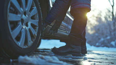 Close up of a man changing a car tire. Winter tires concept.の素材