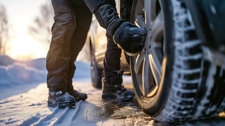 Close-up of a man's hands in black gloves holding a wheel of a car on the road in winterの素材