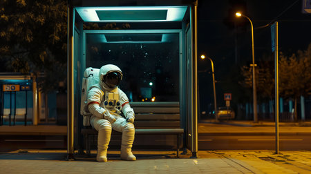 Astronaut sitting on the bus stop at night in the city.の素材