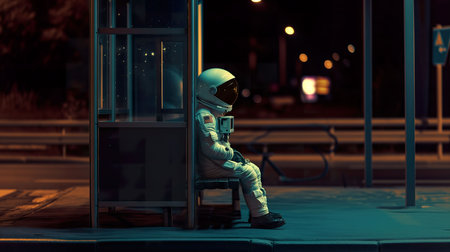 Astronaut in space suit and helmet sitting on bus stop.の素材