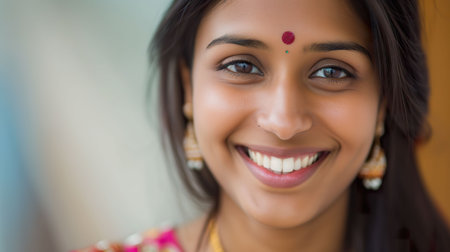 Close up portrait of a beautiful Indian woman smiling and looking at cameraの素材