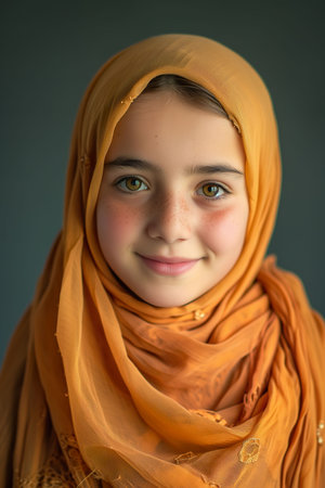 Portrait of a beautiful little muslim girl with headscarfの素材