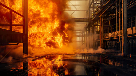 Industrial scene with huge fire in factory, 3d render illustrationの素材
