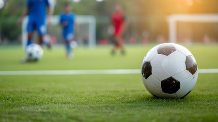 Soccer ball on green grass field with blurred player in the backgroundの素材