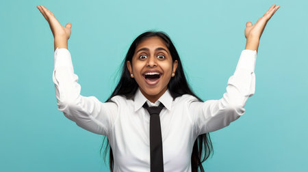 Excited young asian businesswoman with hands up on blue backgroundの素材