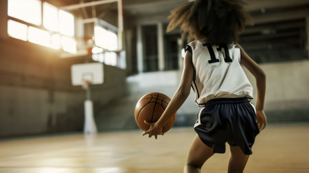 Little girl playing basketball in the gym, back view, copy spaceの素材