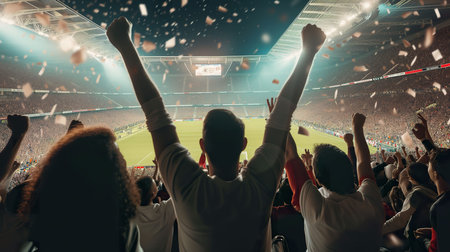 Rear view of a group of people cheering with raised hands at a soccer stadiumの素材
