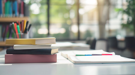 Stack of books on white table with blur background, Education concept.の素材