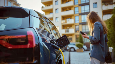 Young woman charging her electric car at a charging station on the streetの素材