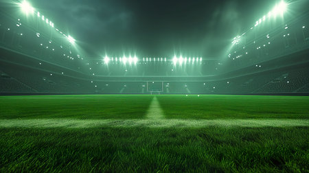 lights at night and stadium 3D render of a soccer stadium with green grassの素材