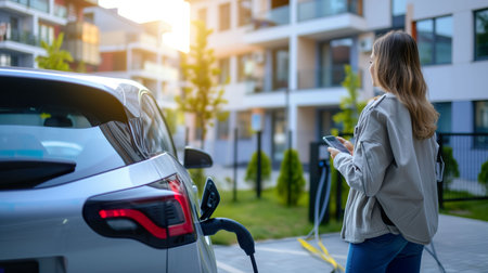 Young woman charging her electric car in the parking lot of her new houseの素材