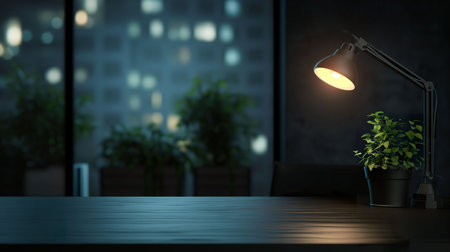 Dark room with wooden table, lamp and plant. 3d renderingの素材