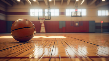 Basketball ball on the floor of a sports hall. 3d renderingの素材