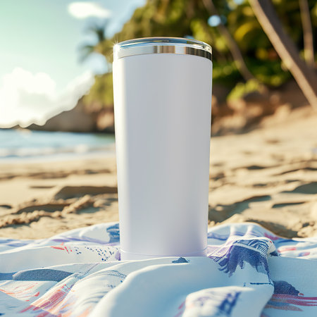 Coffee cup on the beach. 3d rendering mock upの素材