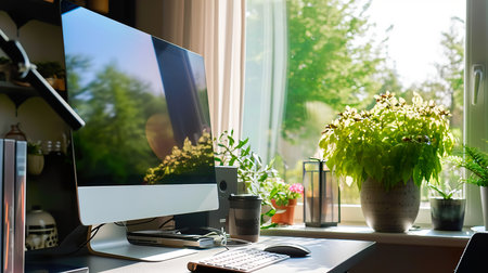 Workplace with computer, keyboard and mouse on table at home.の素材