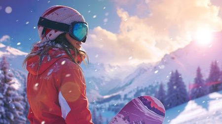 Snowboarder girl in red jacket and helmet on the background of mountains.の素材