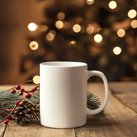 Begin your holidays with a touch of coziness! Our blank white mug mockup, set in a Christmas background, brings warmth to your designs. This simple yet stylish template is perfect for showcasing your holiday-themed creations, adding a touch of festive magic to your marketingの素材