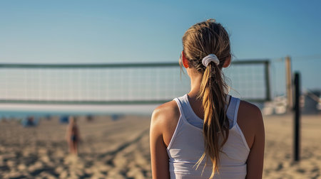 A young woman is playing volleyball on the beach on a sunny day.の素材