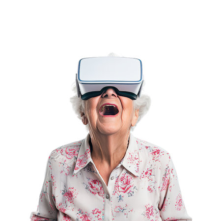 Playful Senior in VR Goggles, Elderly Portraitの素材