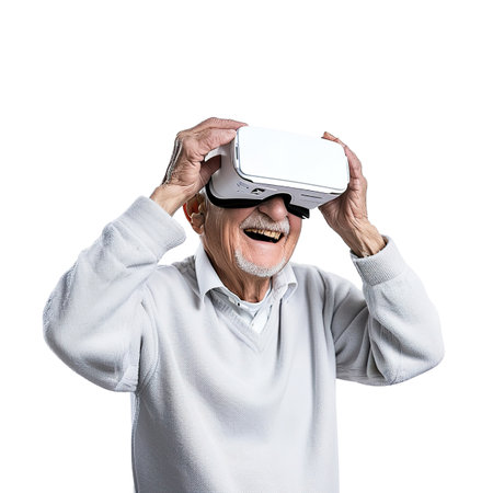 Playful Senior in VR Goggles, Elderly Portraitの素材