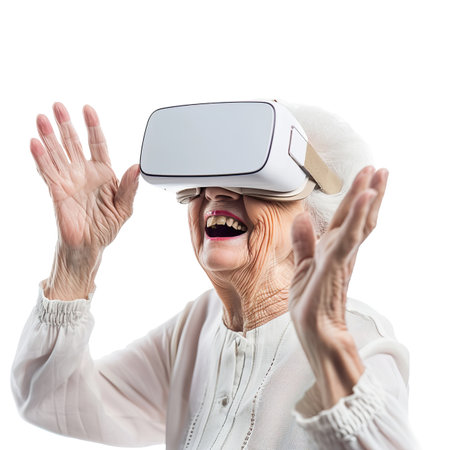 Playful Senior in VR Goggles, Elderly Portraitの素材