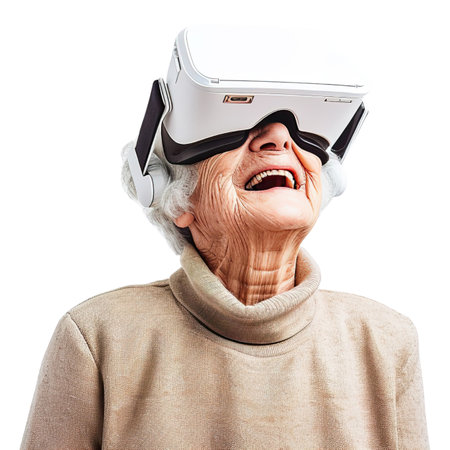 Elderly woman wearing virtual reality goggles. Isolated on white background.の素材