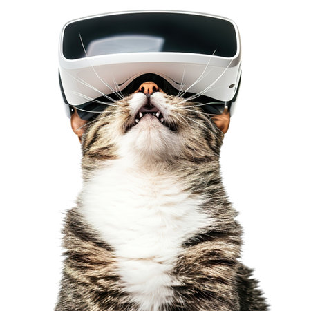 Cat wearing a virtual reality headset. Isolated on white background.の素材