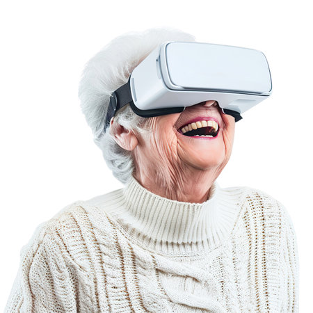 Happy senior woman using virtual reality headset. Isolated on white background.の素材