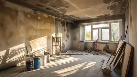 interior of a new apartment after renovation with plasterboard and paintの素材