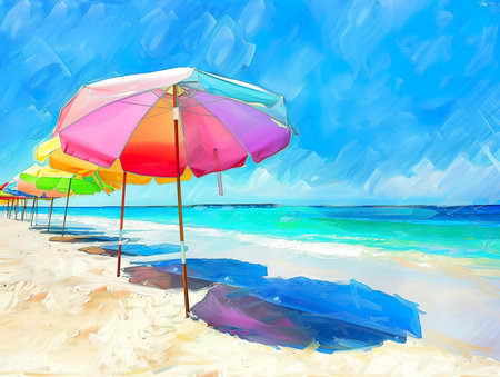 Summer Escape, Beach Umbrellas Painting the Shore in Beautiful Colorsの素材