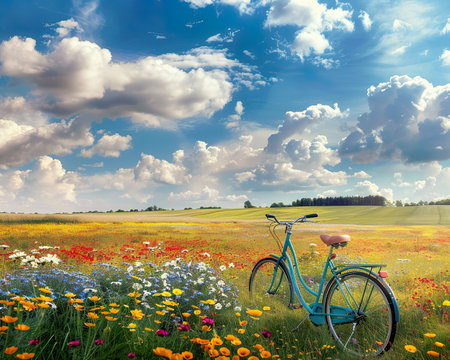 Summer Joy, Bike Rides Through Blooming Fields Under Sunny Skiesの素材