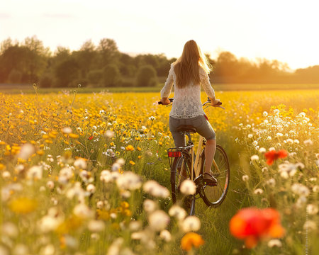 Embrace Summer, Cycling Adventures Through Scenic Blooming Meadowsの素材