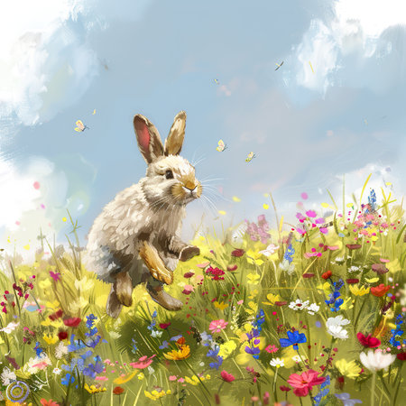 The Easter Bunny Springtime Journey Through a Colorful Field of Flowersの素材