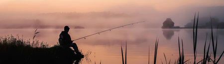 Serene Morning Fishing, Finding Solitude at the Lake's Edgeの素材