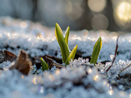 First blooms of spring peeping through snow lifes persistence the cycle begins anewの素材
