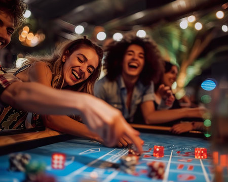 Craps table excitement dice thrown with hopes high players cheering camaraderie in winning and losingの素材